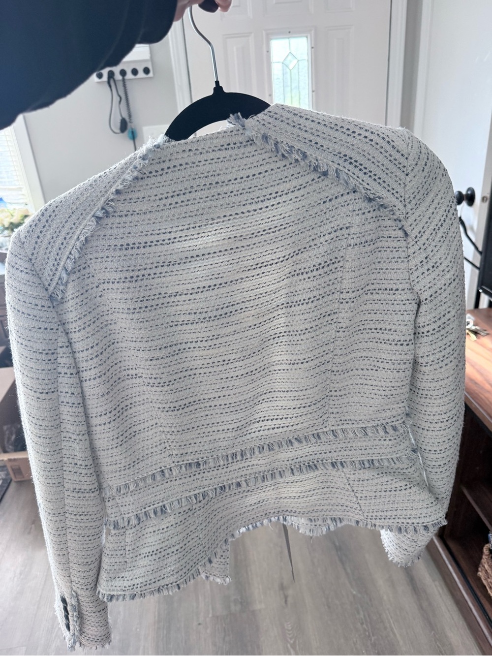 White House Black Market White and Blue Tweed Fringe-Trim Cropped Blazer - Picture 2 of 2